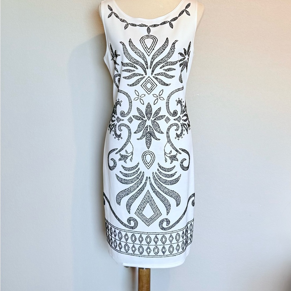 Ronni Nicole White Midi Dress with Black Beaded Motif